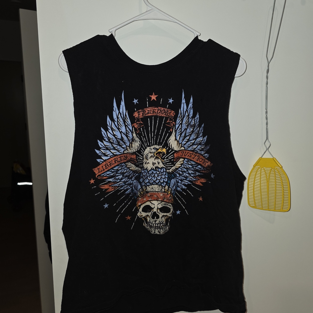 Black Sleeveless Graphic Tee with Eagle and Skull Design